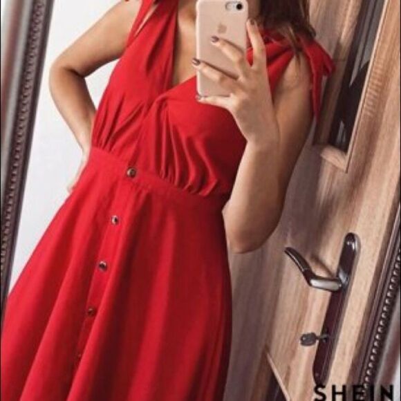 ✨HP✨Tie Strap Plunging Button Up Skater Dress✨ - Picture 6 of 6